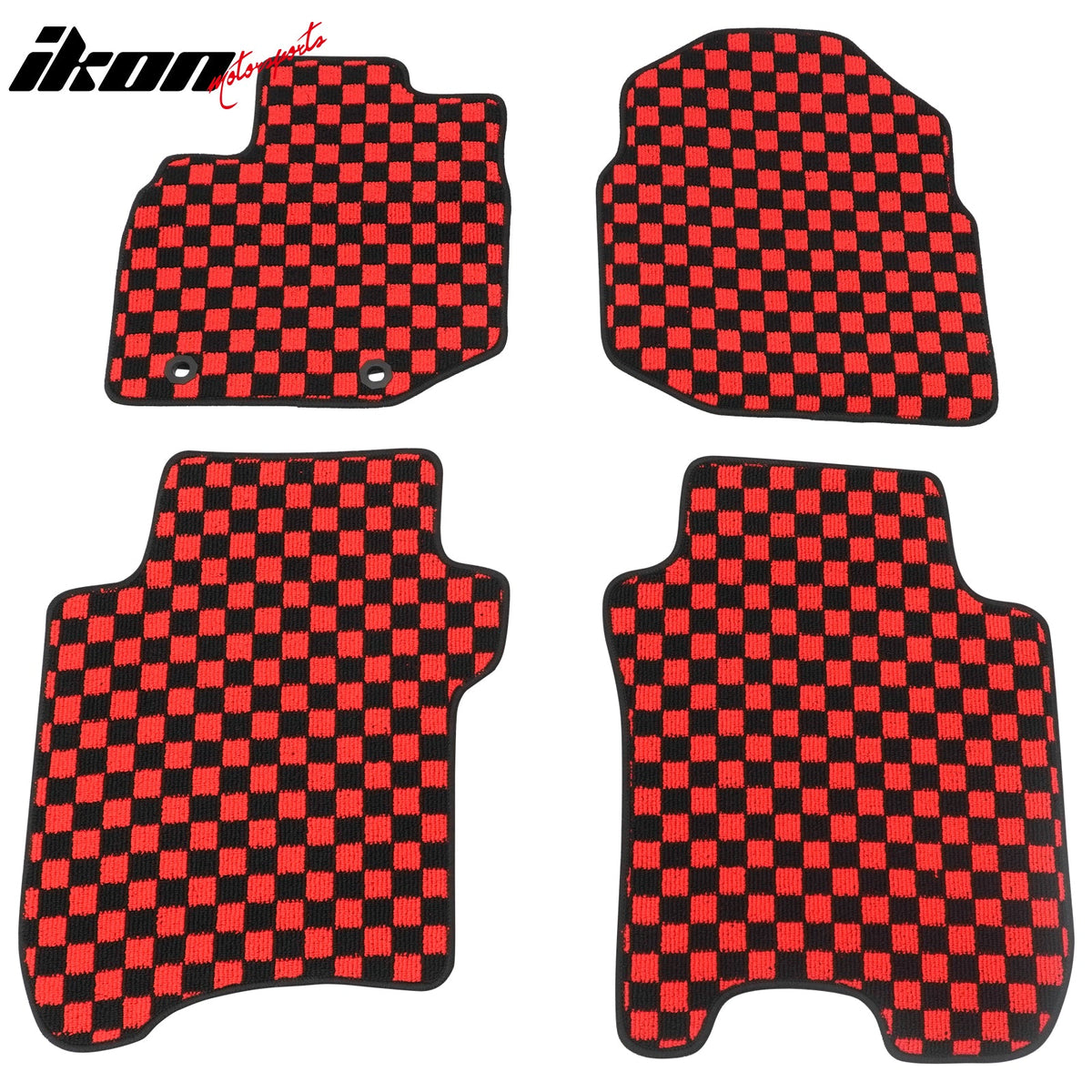 Front Rear Full Set Waterproof Floor Mats for Honda Fit 2009-2013 Black Red Plaid Checkered Carpets PP & Loop Pile Surface & TPE Backing 4PCS