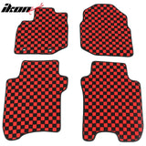 Front Rear Full Set Waterproof Floor Mats for Honda Fit 2009-2013 Black Red Plaid Checkered Carpets PP & Loop Pile Surface & TPE Backing 4PCS