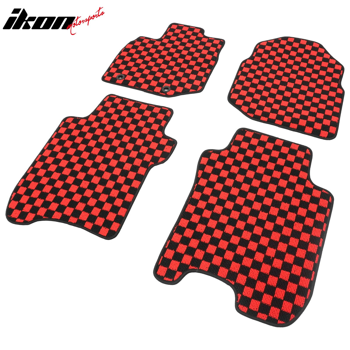 Front Rear Full Set Waterproof Floor Mats for Honda Fit 2009-2013 Black Red Plaid Checkered Carpets PP & Loop Pile Surface & TPE Backing 4PCS