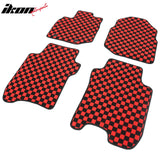 Front Rear Full Set Waterproof Floor Mats for Honda Fit 2009-2013 Black Red Plaid Checkered Carpets PP & Loop Pile Surface & TPE Backing 4PCS