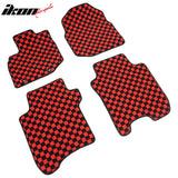 Front Rear Full Set Waterproof Floor Mats for Honda Fit 2009-2013 Black Red Plaid Checkered Carpets PP & Loop Pile Surface & TPE Backing 4PCS