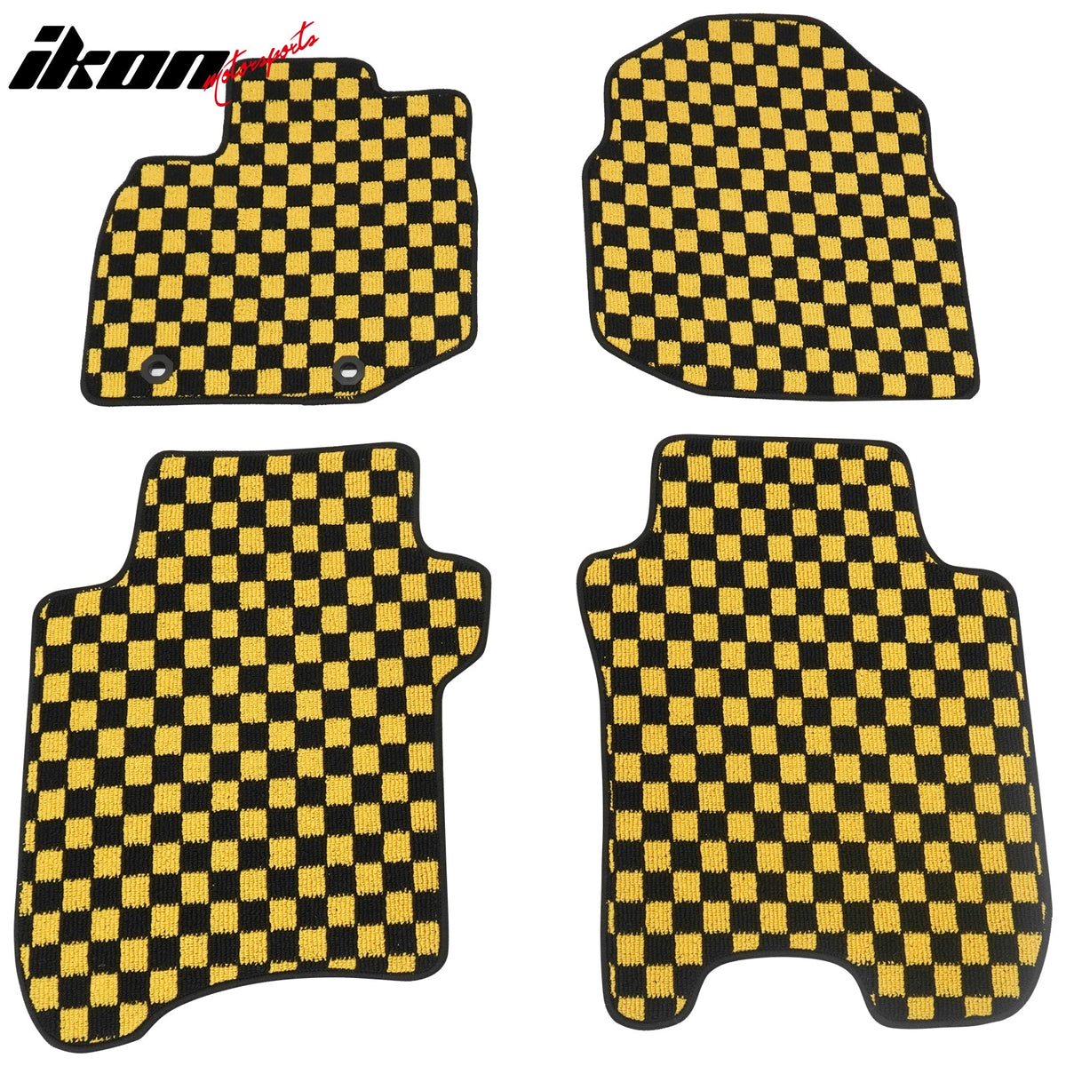 Front Rear Full Set Waterproof Floor Mats for Honda Fit 2009-2013 Black Yellow Plaid Checkered Carpets PP & Loop Pile Surface & TPE Backing 4PCS