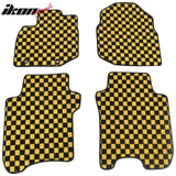 Front Rear Full Set Waterproof Floor Mats for Honda Fit 2009-2013 Black Yellow Plaid Checkered Carpets PP & Loop Pile Surface & TPE Backing 4PCS