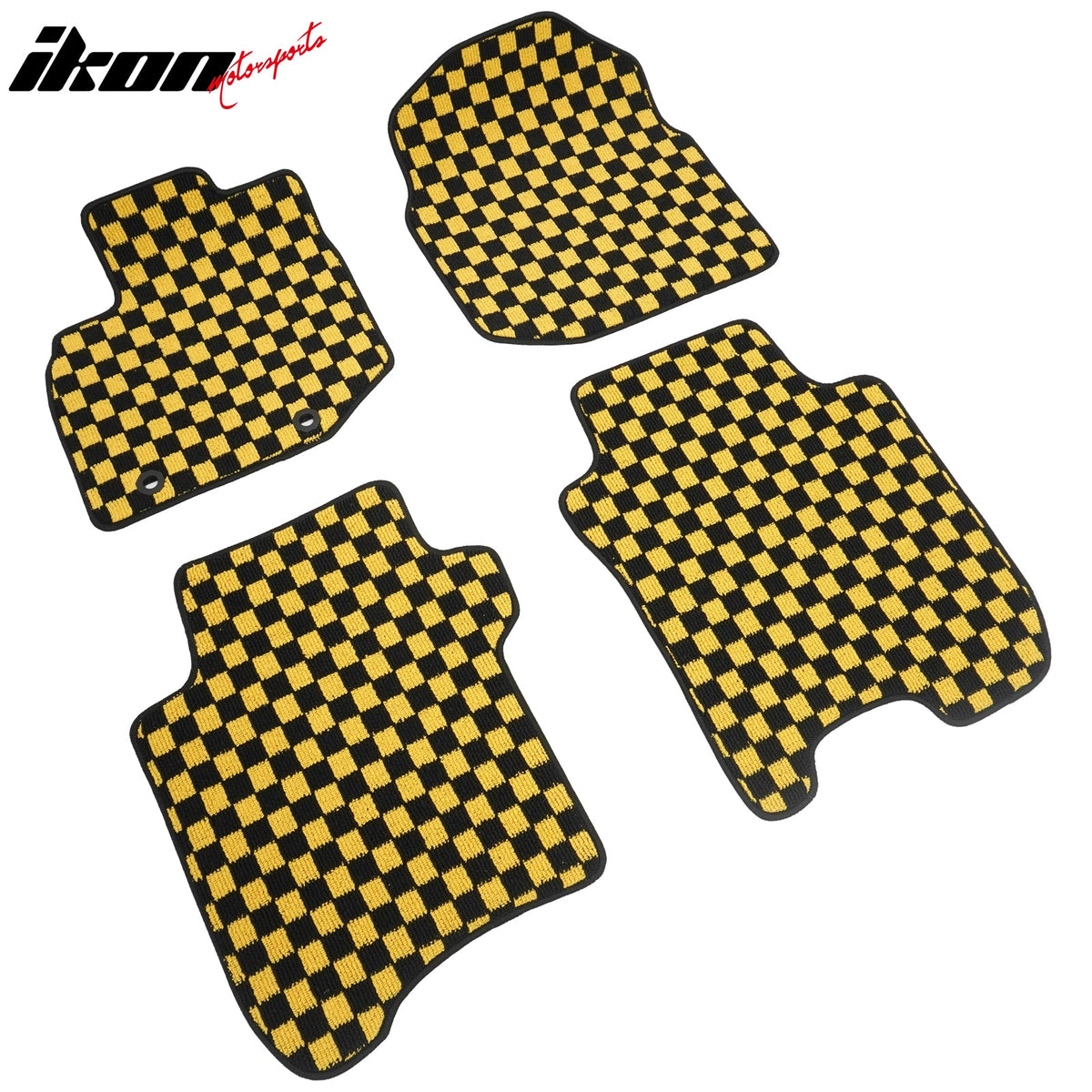 Front Rear Full Set Waterproof Floor Mats for Honda Fit 2009-2013 Black Yellow Plaid Checkered Carpets PP & Loop Pile Surface & TPE Backing 4PCS