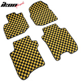 Front Rear Full Set Waterproof Floor Mats for Honda Fit 2009-2013 Black Yellow Plaid Checkered Carpets PP & Loop Pile Surface & TPE Backing 4PCS