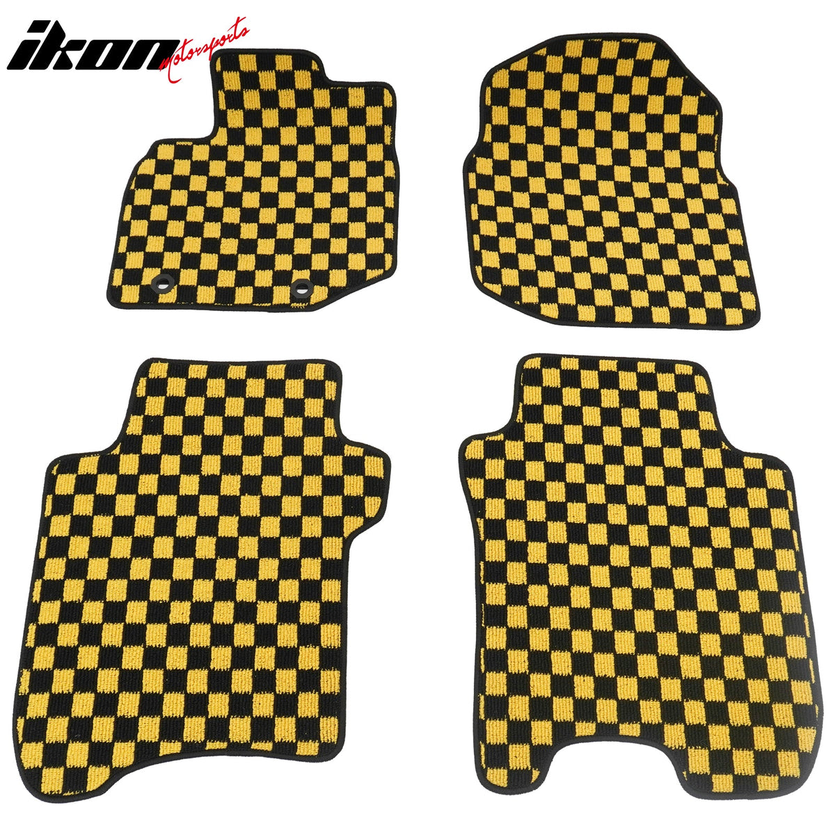 Front Rear Full Set Waterproof Floor Mats for Honda Fit 2009-2013 Black Yellow Plaid Checkered Carpets PP & Loop Pile Surface & TPE Backing 4PCS