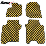 Front Rear Full Set Waterproof Floor Mats for Honda Fit 2009-2013 Black Yellow Plaid Checkered Carpets PP & Loop Pile Surface & TPE Backing 4PCS
