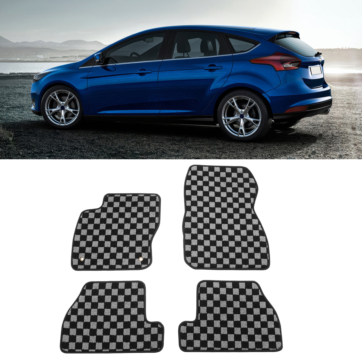 2012-2018 Ford Focus Floor Mats Carpet Black Gray Plaid Polypropylene