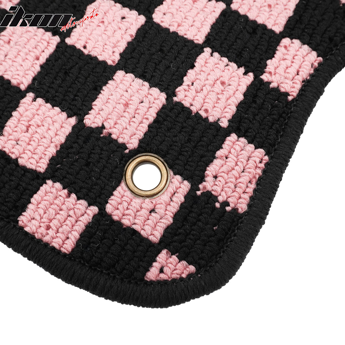 Front Rear Full Set Waterproof Floor Mats for Ford Focus 2012-2018 Black Pink Plaid Checkered Carpets PP & Loop Pile Surface & TPE Backing 4PCS