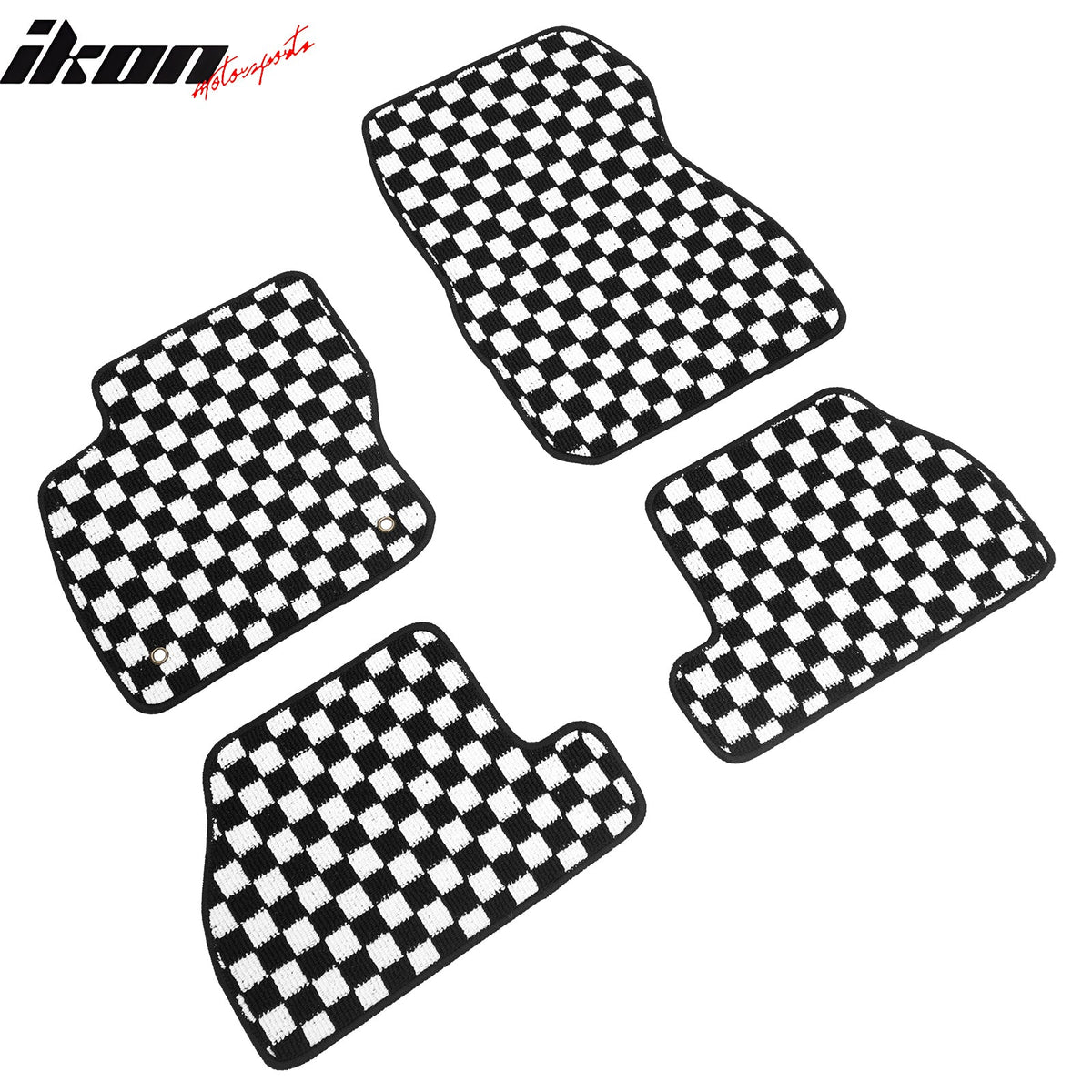 Front Rear Full Set Waterproof Floor Mats for Ford Focus 2012-2018 Black White Plaid Checkered Carpets PP & Loop Pile Surface & TPE Backing 4PCS
