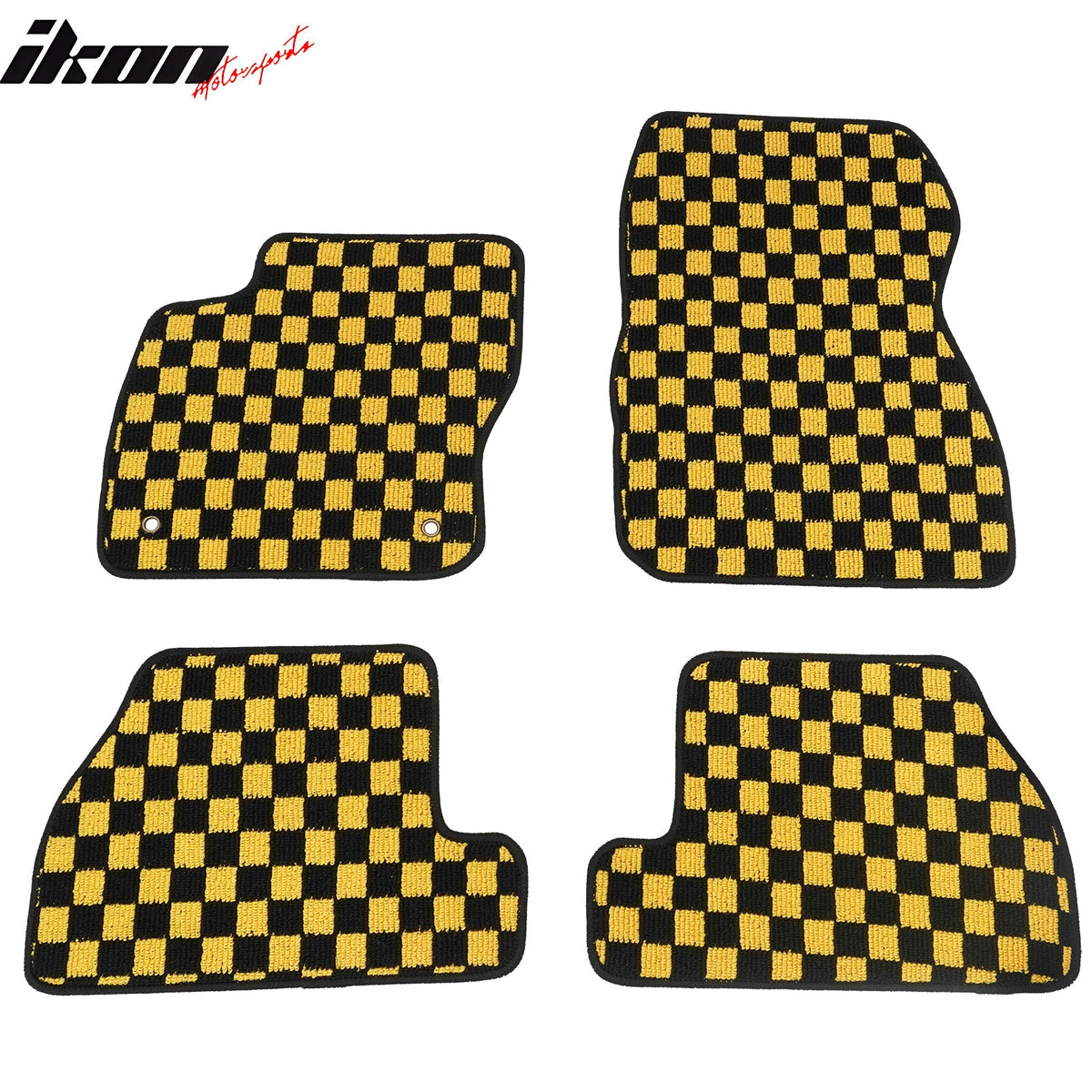 Front Rear Full Set Waterproof Floor Mats for Ford Focus 2012-2018 Black Yellow Plaid Checkered Carpets PP & Loop Pile Surface & TPE Backing 4PCS