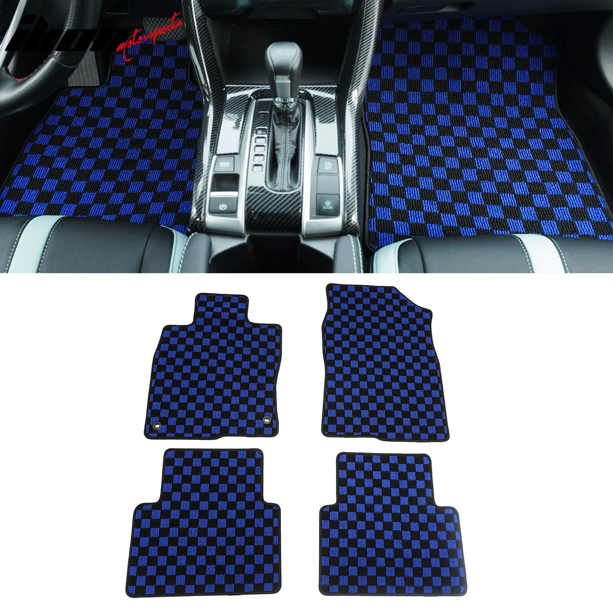 Front Rear Full Set Waterproof Floor Mats for Honda Civic 2016-2021 Black Blue Plaid Checkered Carpets PP & Loop Pile Surface & TPE Backing 4PCS