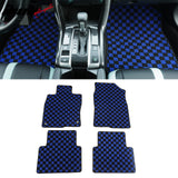 Front Rear Full Set Waterproof Floor Mats for Honda Civic 2016-2021 Black Blue Plaid Checkered Carpets PP & Loop Pile Surface & TPE Backing 4PCS