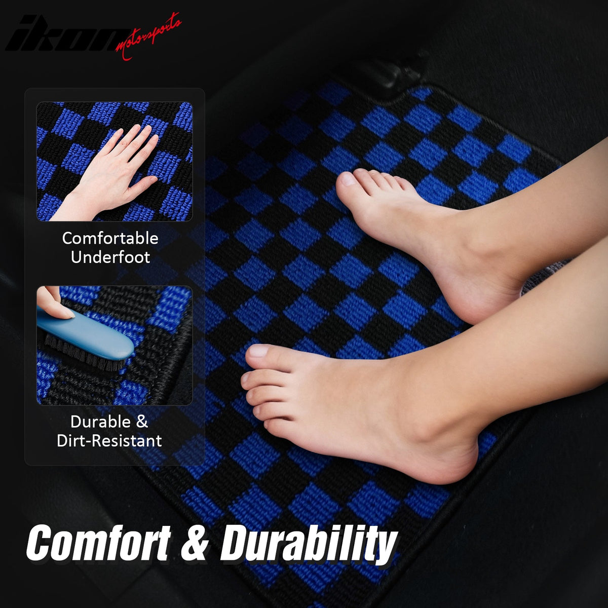 Front Rear Full Set Waterproof Floor Mats for Honda Civic 2016-2021 Black Blue Plaid Checkered Carpets PP & Loop Pile Surface & TPE Backing 4PCS