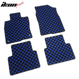 Front Rear Full Set Waterproof Floor Mats for Honda Civic 2016-2021 Black Blue Plaid Checkered Carpets PP & Loop Pile Surface & TPE Backing 4PCS