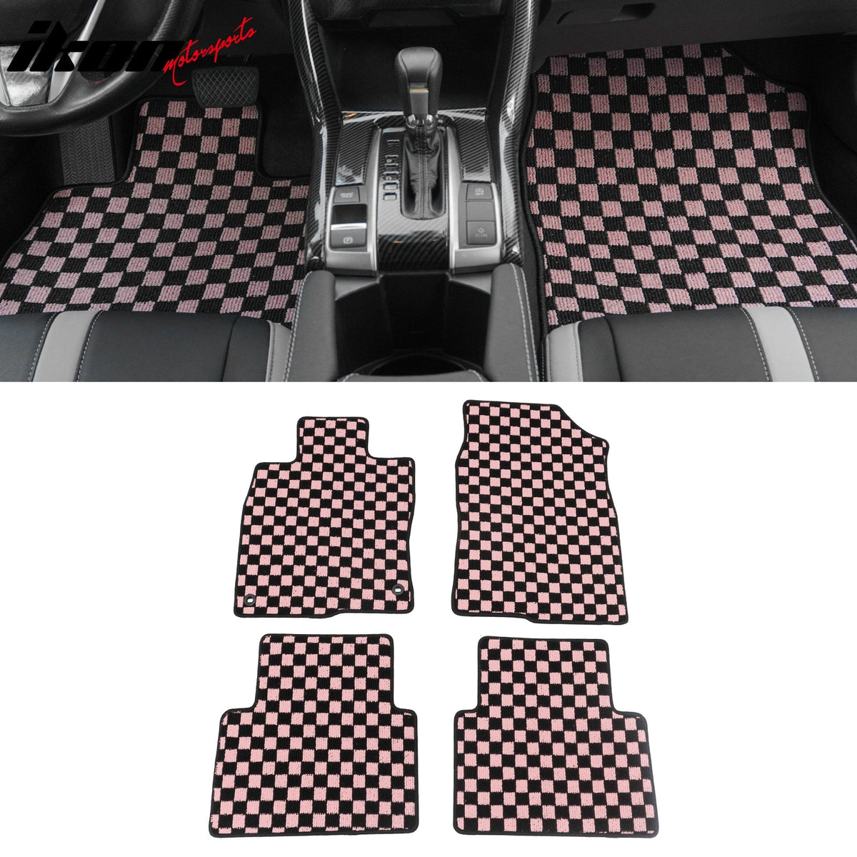 Front Rear Full Set Waterproof Floor Mats for Honda Civic 2016-2021 Black Pink Plaid Checkered Carpets PP & Loop Pile Surface & TPE Backing 4PCS
