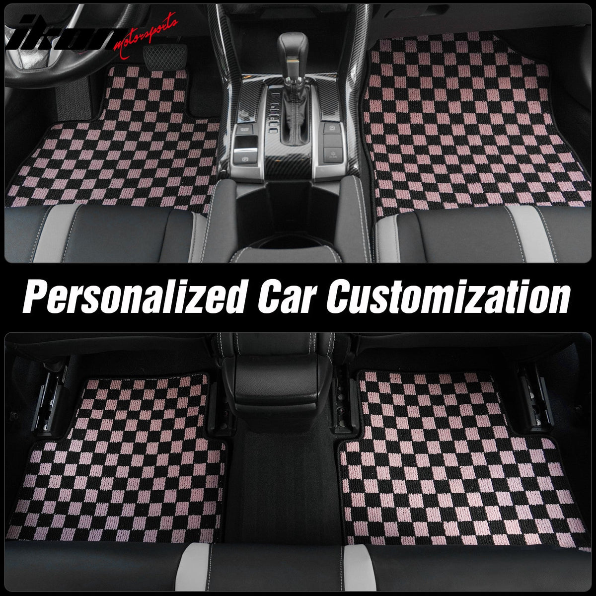 Front Rear Full Set Waterproof Floor Mats for Honda Civic 2016-2021 Black Pink Plaid Checkered Carpets PP & Loop Pile Surface & TPE Backing 4PCS