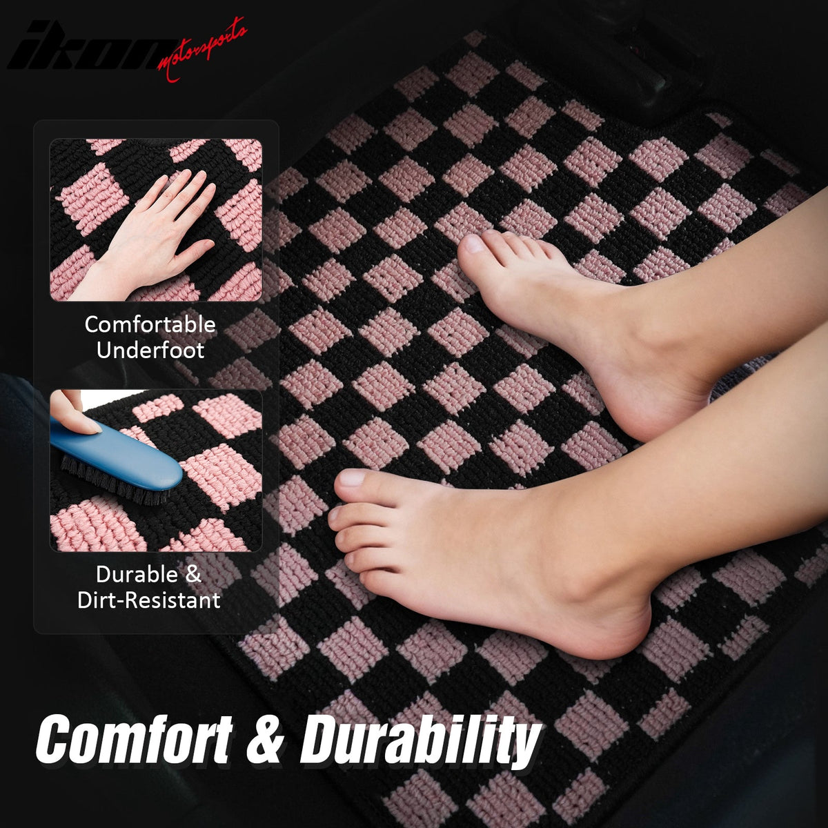 Front Rear Full Set Waterproof Floor Mats for Honda Civic 2016-2021 Black Pink Plaid Checkered Carpets PP & Loop Pile Surface & TPE Backing 4PCS