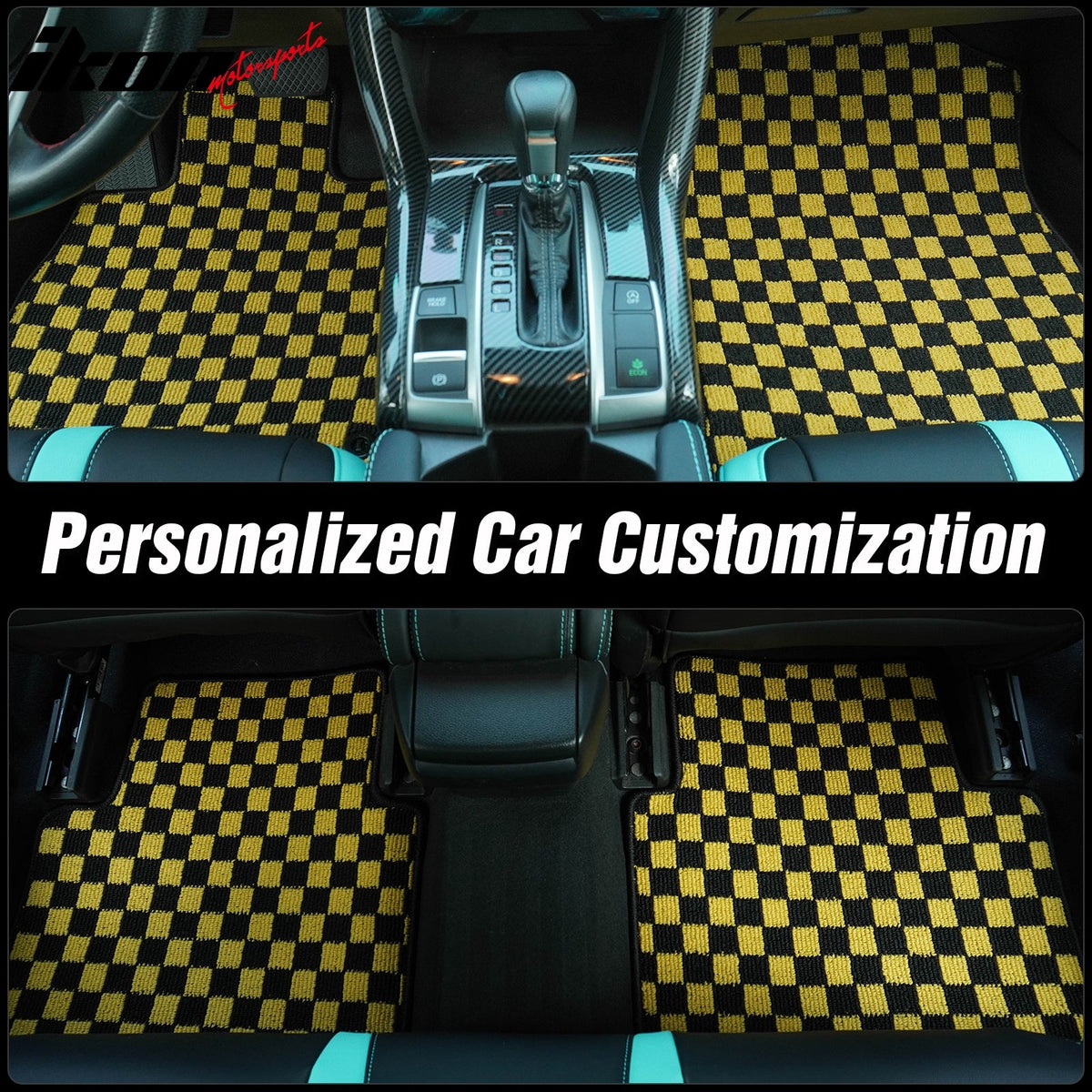 Front Rear Full Set Waterproof Floor Mats for Honda Civic 2016-2021 Black Yellow Plaid Checkered Carpets PP & Loop Pile Surface & TPE Backing 4PCS