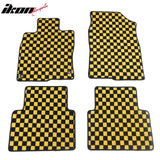 Front Rear Full Set Waterproof Floor Mats for Honda Civic 2016-2021 Black Yellow Plaid Checkered Carpets PP & Loop Pile Surface & TPE Backing 4PCS