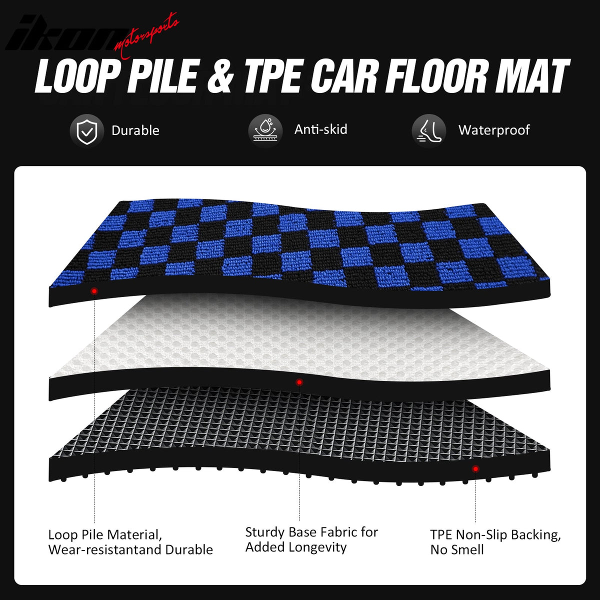 Front Rear Full Set Waterproof Floor Mats for BMW E92 3-Series Coupe 2007-2013 Black Blue Plaid Checkered Carpets PP & Loop Pile Surface & TPE Backing