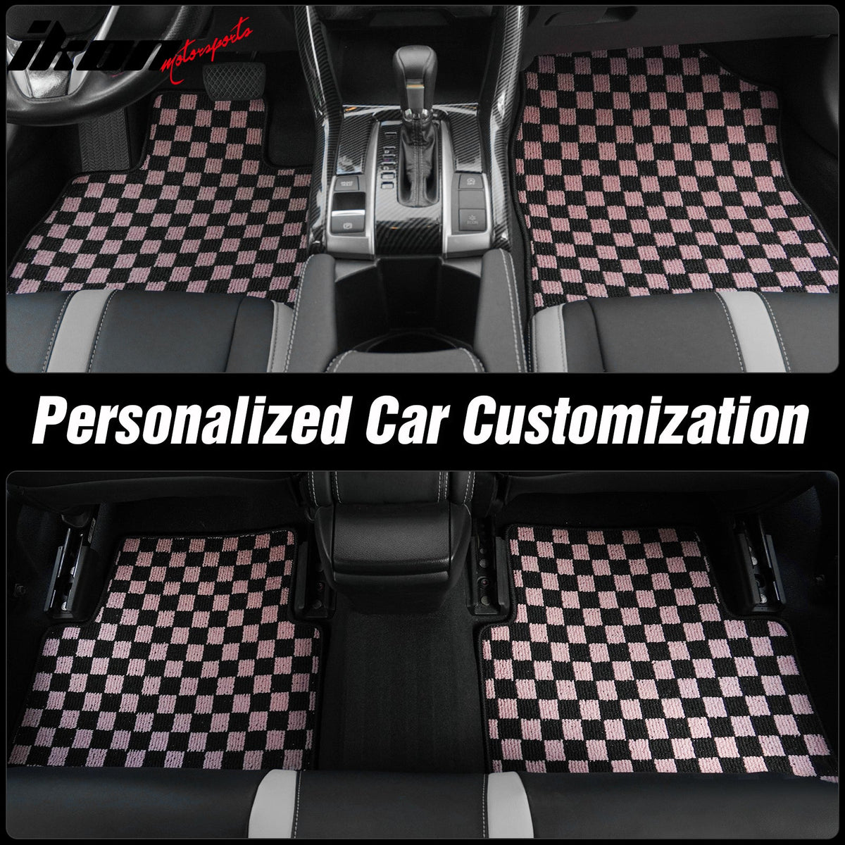 Front Rear Full Set Waterproof Floor Mats for Toyota Camry 2007-2011 Black Pink Plaid Checkered Carpets PP & Loop Pile Surface & TPE Backing 4PCS
