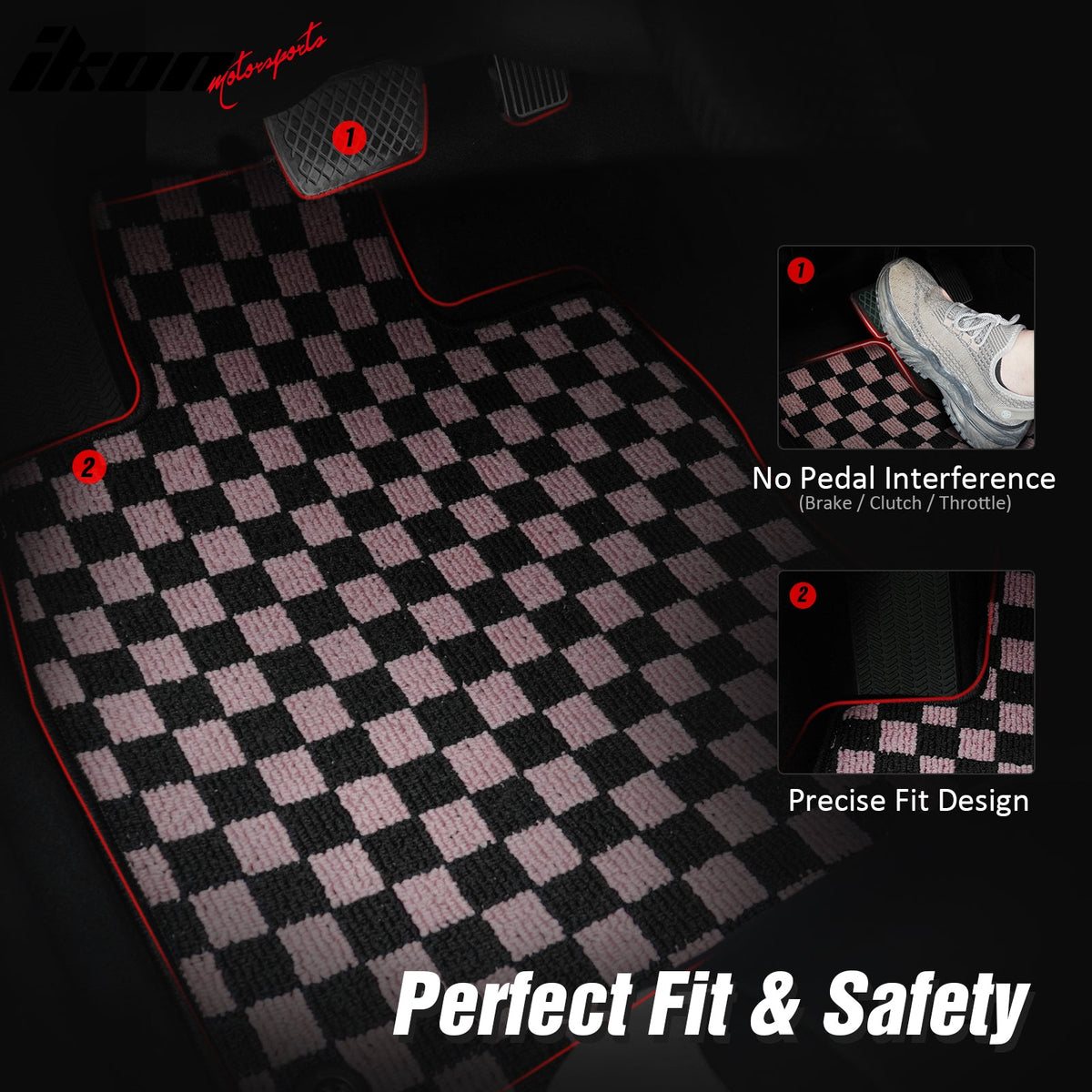 2007-2013 BMW E92 3-Series Coupe Black Pink Plaid Front Rear Full Set Waterproof Floor Mats Checkered Carpets PP & Loop Pile Surface & TPE Backing 4PC