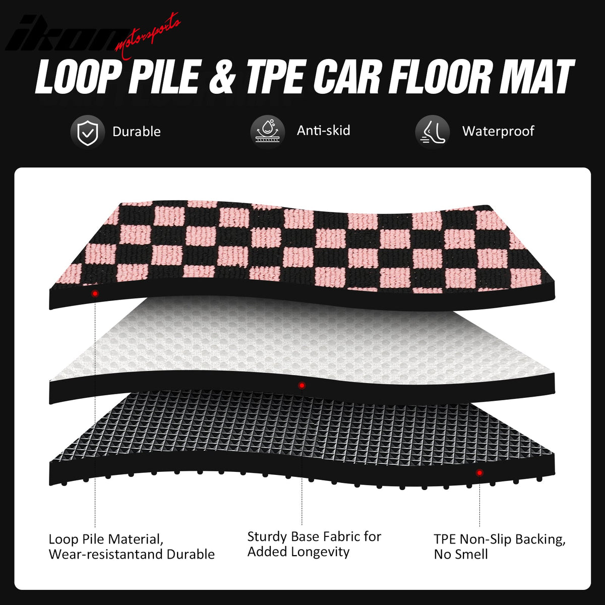 Front Rear Full Set Waterproof Floor Mats for Toyota Corolla 2009-2013 Black Pink Plaid Checkered Carpets PP & Loop Pile Surface & TPE Backing 4PCS