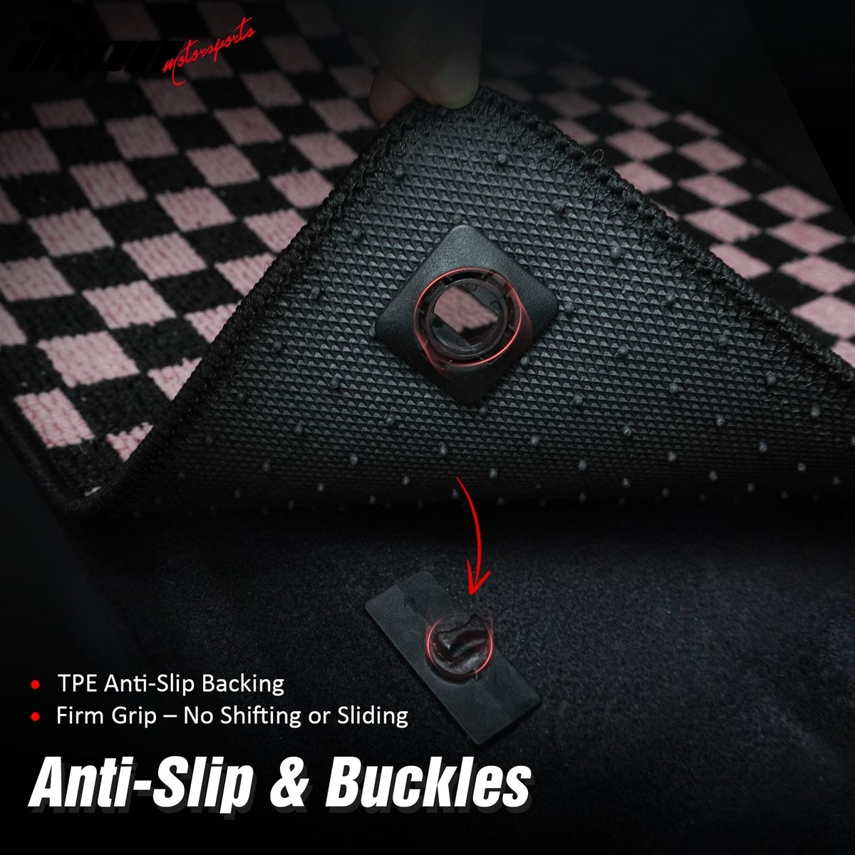 2007-2013 BMW E92 3-Series Coupe Black Pink Plaid Front Rear Full Set Waterproof Floor Mats Checkered Carpets PP & Loop Pile Surface & TPE Backing 4PC