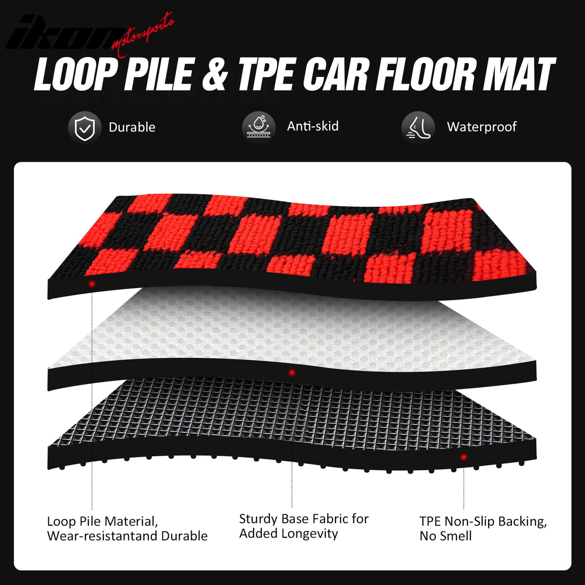 Front Rear Full Set Waterproof Floor Mats for Toyota Camry 2007-2011 Black Red Plaid Checkered Carpets PP & Loop Pile Surface & TPE Backing 4PCS