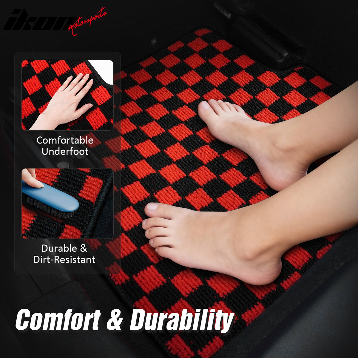 Front Rear Full Set Waterproof Floor Mats for Hyundai Sonata 2011-2014 Black Red Plaid Checkered Carpets PP & Loop Pile Surface & TPE Backing 4PCS