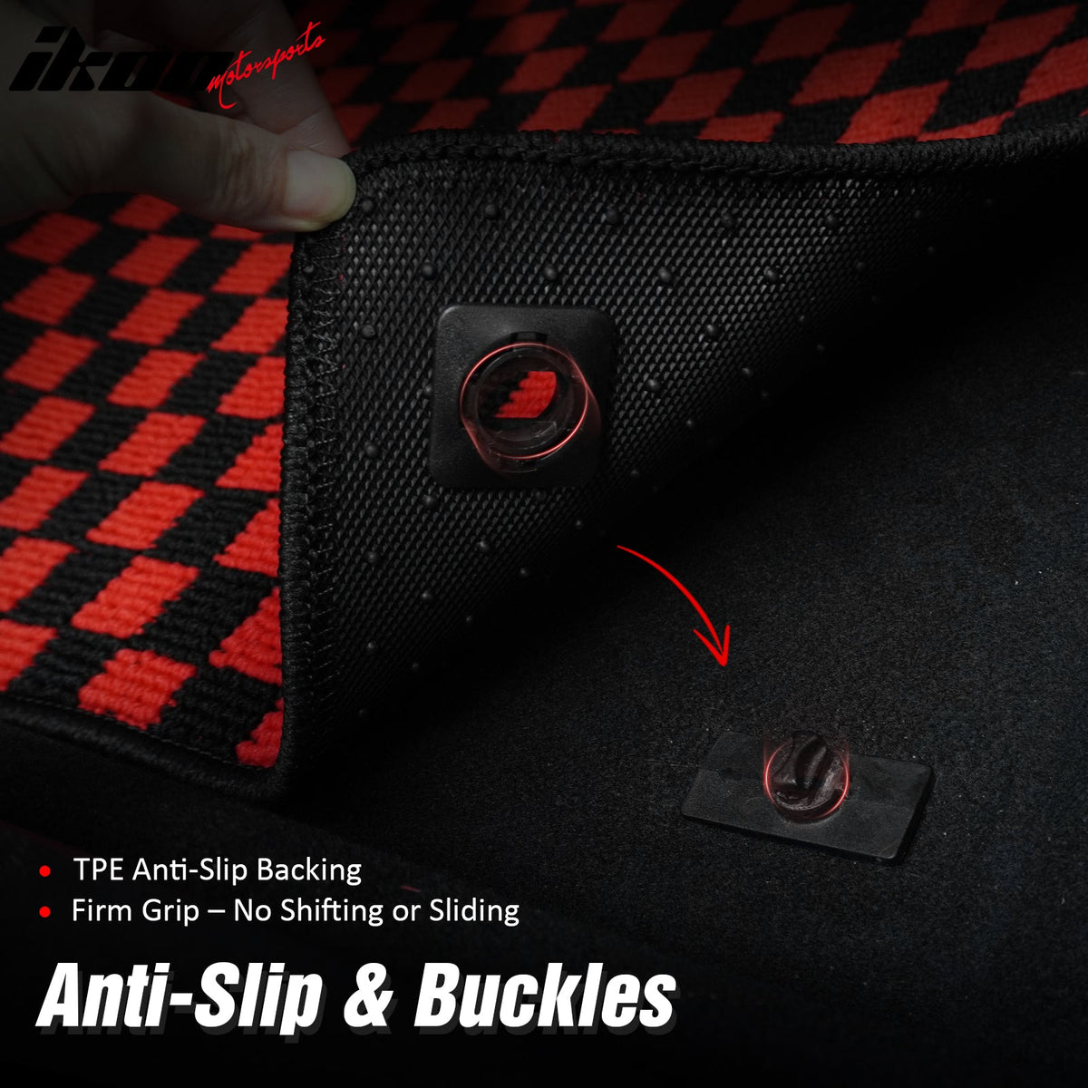 Front Rear Full Set Waterproof Floor Mats for Ford Focus 2012-2018 Black Red Plaid Checkered Carpets PP & Loop Pile Surface & TPE Backing 4PCS