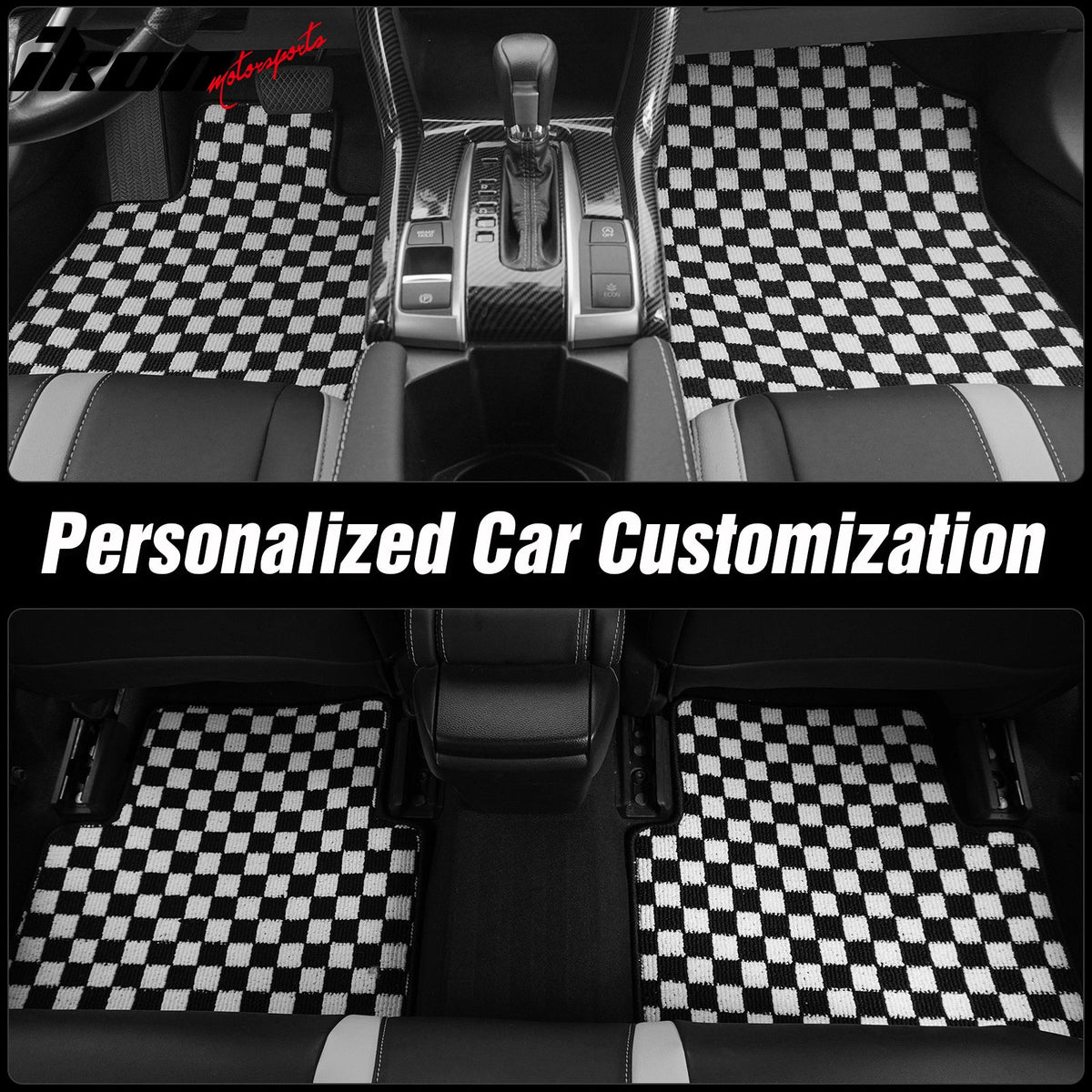 Front Rear Full Set Waterproof Floor Mats for Ford Mustang 2005-2009 Black White Plaid Checkered Carpets PP & Loop Pile Surface & TPE Backing 4PCS