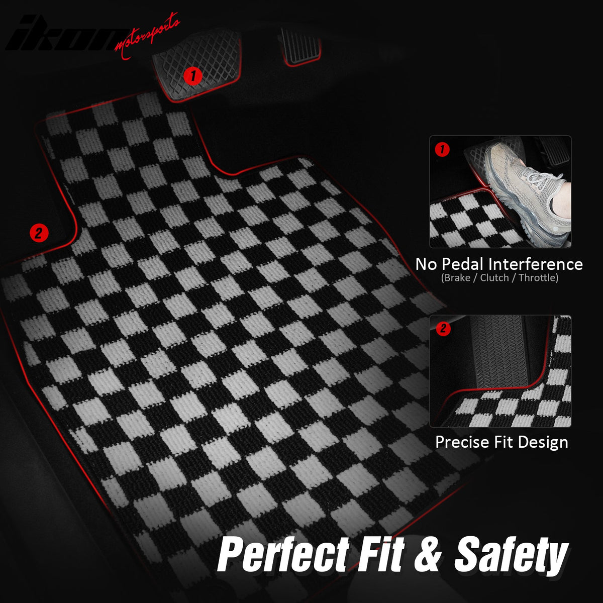 Front Rear Full Set Waterproof Floor Mats for Ford Mustang 2005-2009 Black White Plaid Checkered Carpets PP & Loop Pile Surface & TPE Backing 4PCS