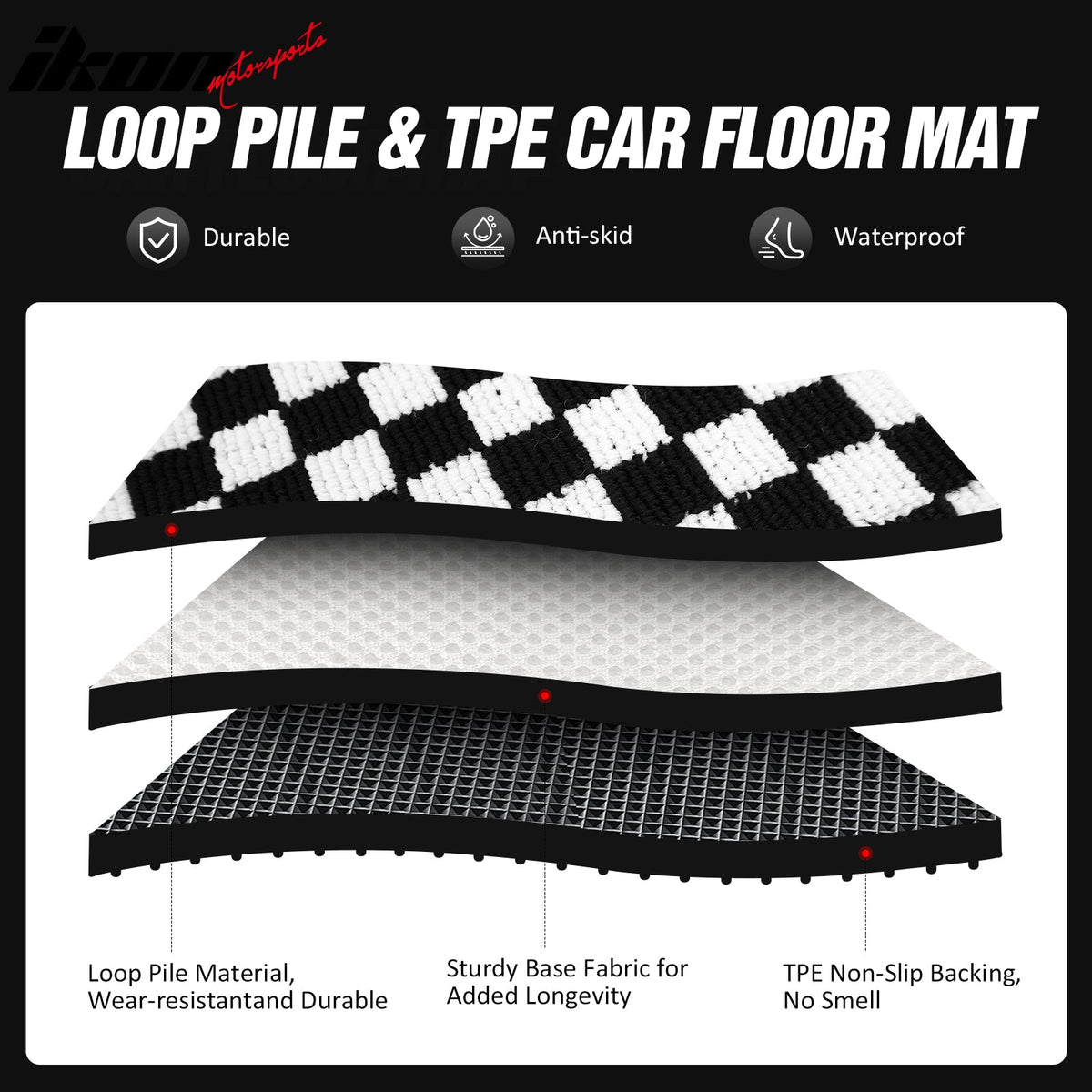 Front Rear Full Set Waterproof Floor Mats for Ford Mustang 2005-2009 Black White Plaid Checkered Carpets PP & Loop Pile Surface & TPE Backing 4PCS
