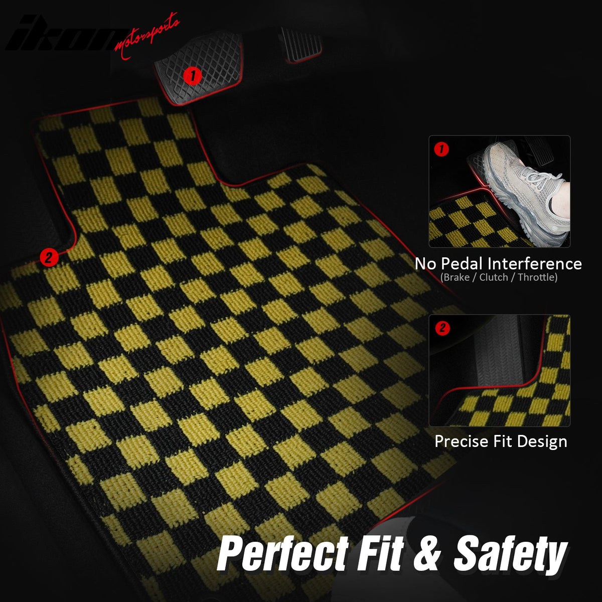 Anti-Slip Waterproof Interior Floor Mats for Chevrolet Corvette 1997-2004 Black Yellow Plaid Checkered Carpets PP & Loop Pile Surface & TPE Backing 2P