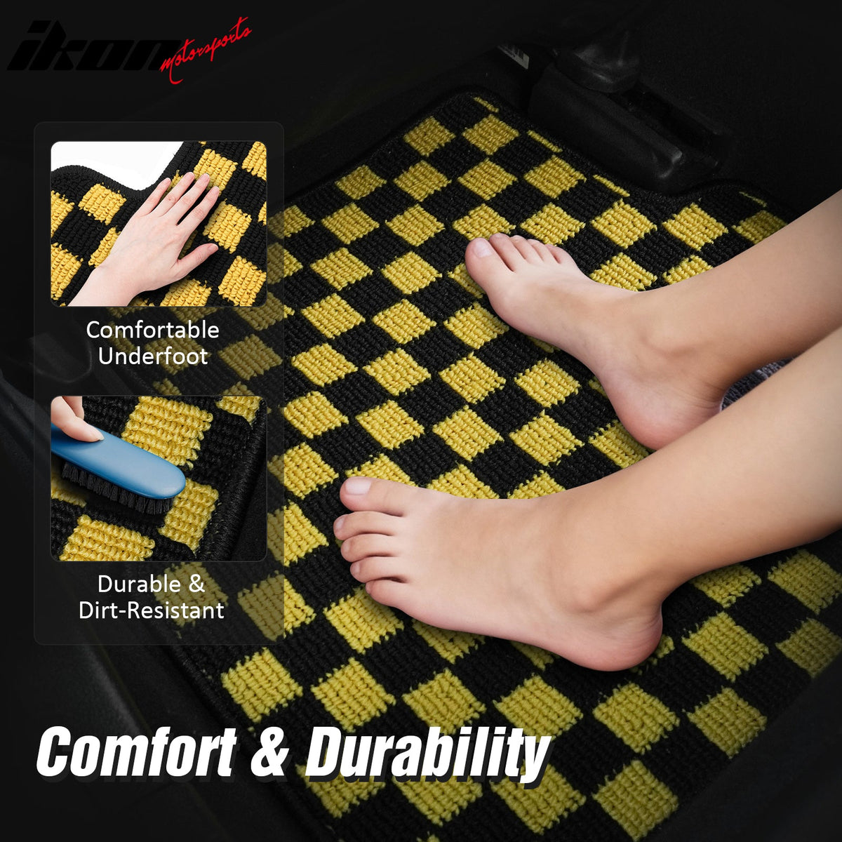 Front Rear Full Set Waterproof Floor Mats for Honda Fit 2009-2013 Black Yellow Plaid Checkered Carpets PP & Loop Pile Surface & TPE Backing 4PCS
