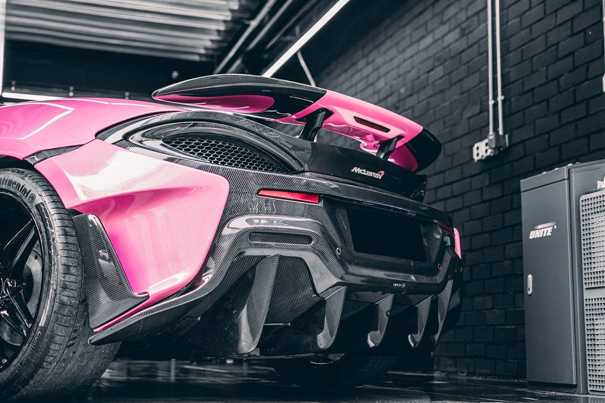 2015-2020 McLaren 600LT-Style Part Carbon Fiber Rear Bumper with Diffuser and Trunk Spoiler and Engine Trunk and Exhaust | Fits 540C, 570S, 570GT