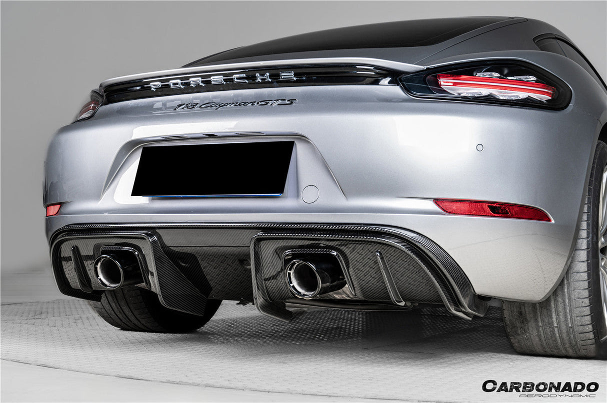 2017-2025 Porsche 718 Cayman Boxster GT4RS Style Autoclave Carbon Fiber Rear Diffuser Lip With Winglets And Exhaust Tips