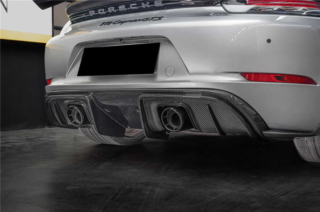 2016-2025 Porsche 718 Cayman Boxster GT4RS Style Autoclave Carbon Fiber Rear Diffuser Lip With Winglets And Exhaust Tips