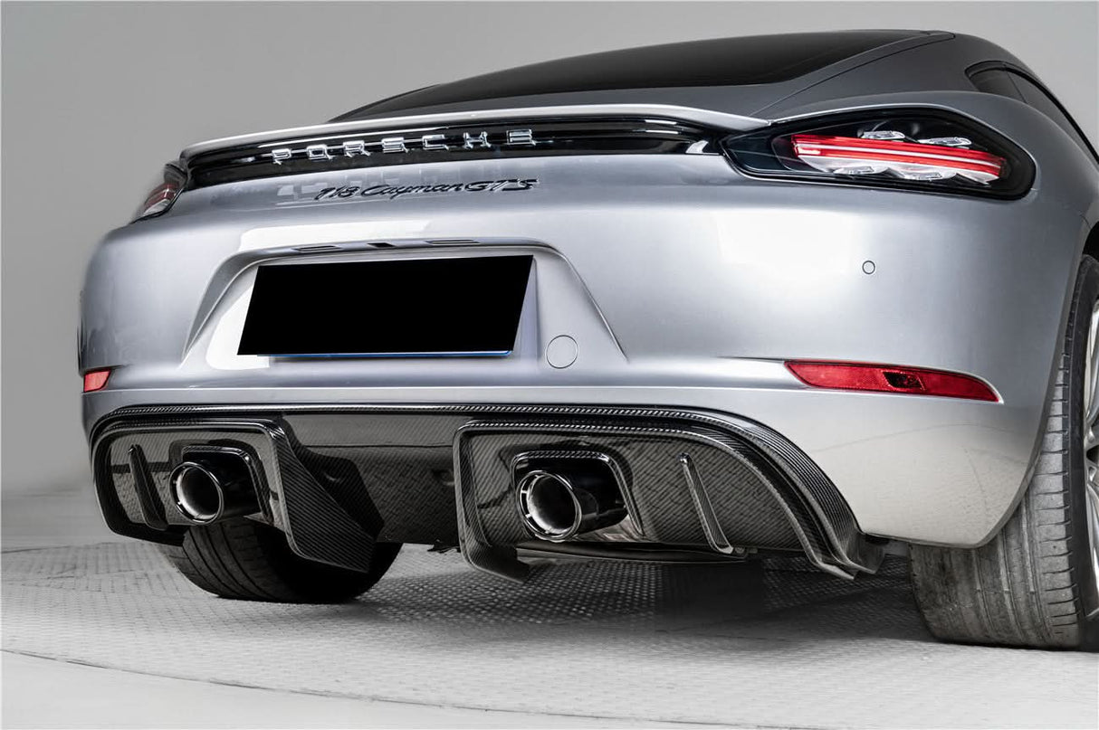 2016-2025 Porsche 718 Cayman Boxster GT4RS Style Autoclave Carbon Fiber Rear Diffuser Lip With Winglets And Exhaust Tips