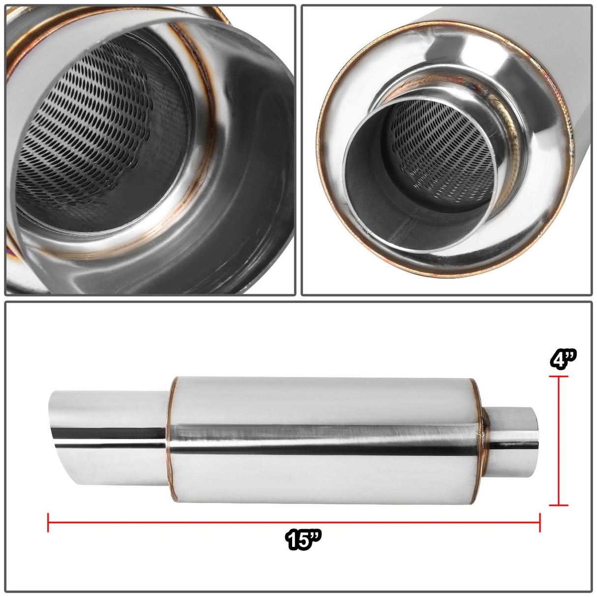 3.0" Tip 2.25" Inlet Straight Cut Polished Muffler 14.7" Total Length