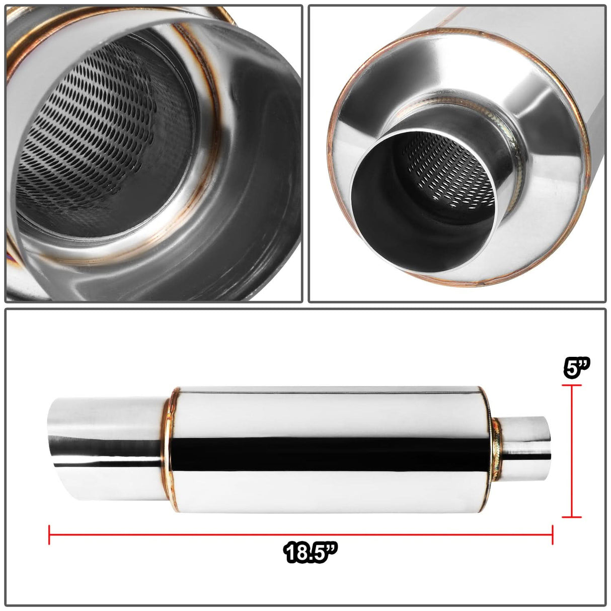 4.0" Tip Stainless Steel Muffler 2.5" Inlet 18.5" Overall Length