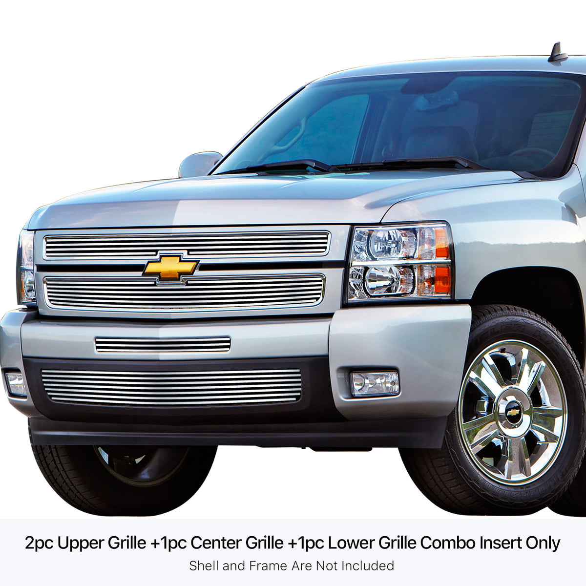 Stainless Steel Main Upper + Lower Bumper Stainless Steel Billet Grille 2007-2013 Chevy Silverado 1500 only for Models with logo height exceeding center bar GR03FAA33S