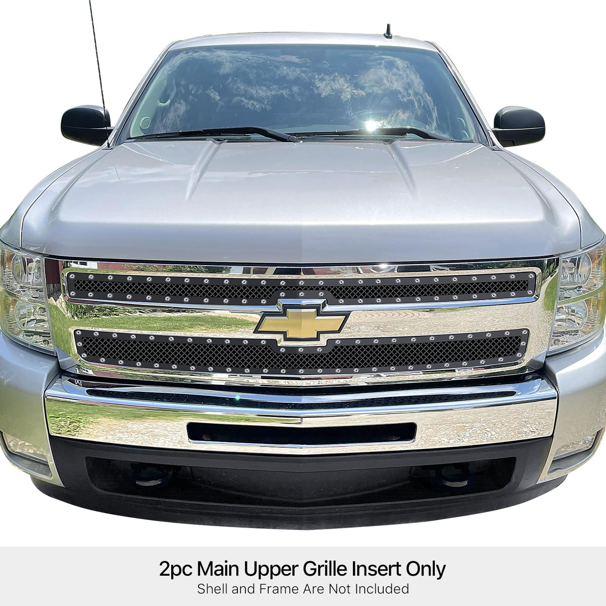 Stainless Steel Main Upper Rivet Grille 2007-2013 Chevy Silverado 1500 only for Models with logo height exceeding center bar GR03LEA70H