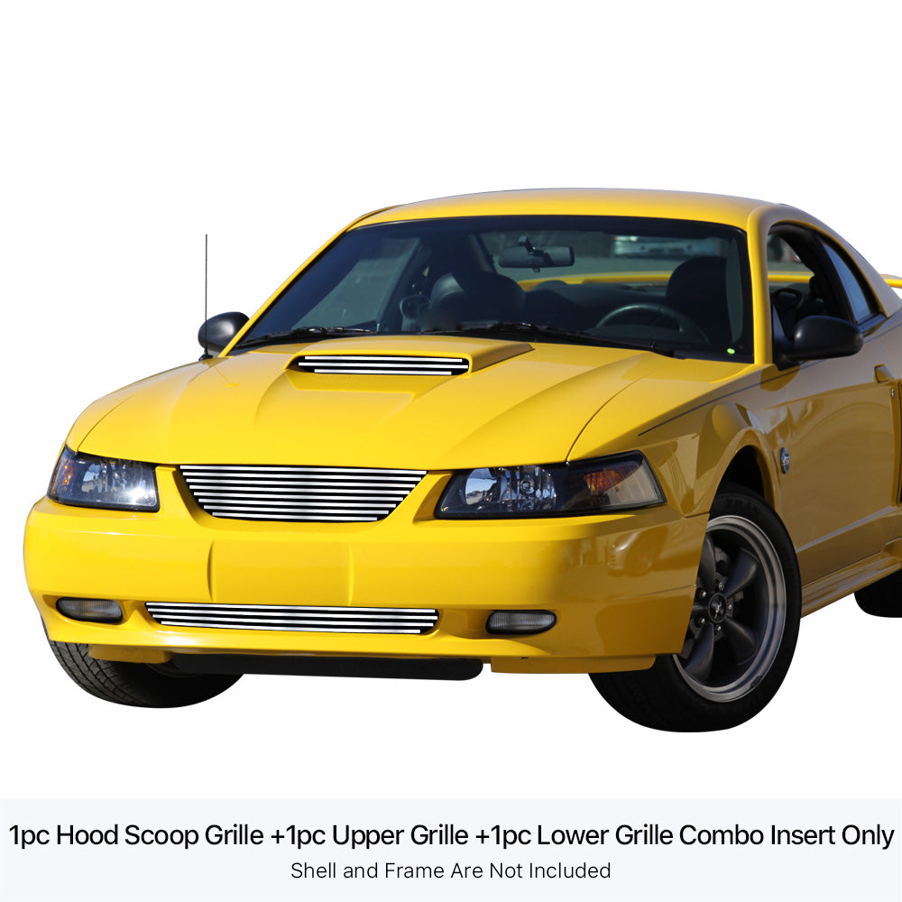 Stainless Steel Main Upper + Lower Bumper Stainless Steel Billet Grille 1999-2004 Ford Mustang Only Fit V6 Model GR06HGH83S