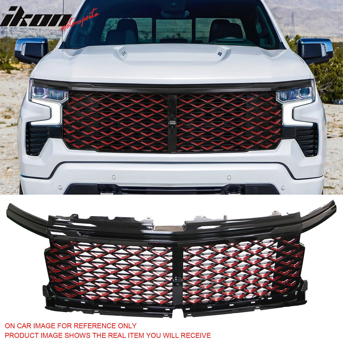 2022-2024 Chevrolet Silverado 1500 (Not Fit ZR2 Model) Front Bumper Hood Upper Mesh Grille Replacement Bently Style Black with Red Mesh