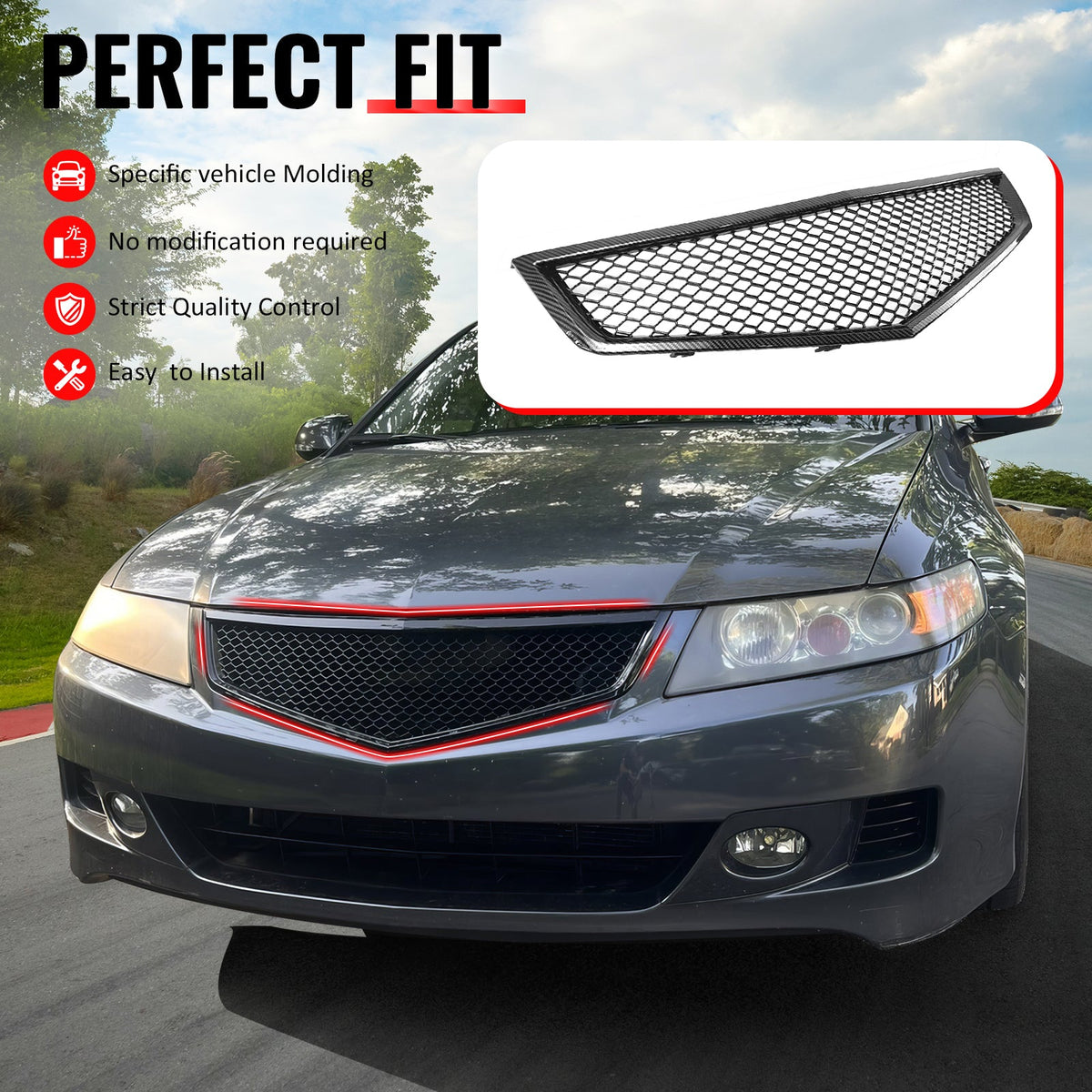 2006-2008 Acura TSX Honeycomb Style Front Bumper Upper Grille Replacement Carbon Fiber Print ABS