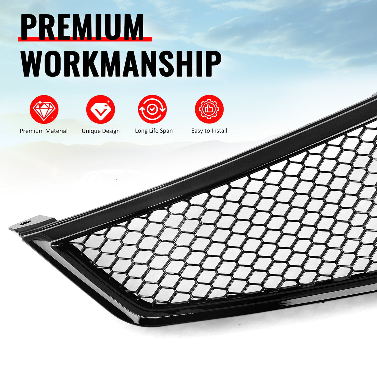2006-2008 Acura TSX Honeycomb Style Front Bumper Upper Grille Replacement Gloss Black ABS