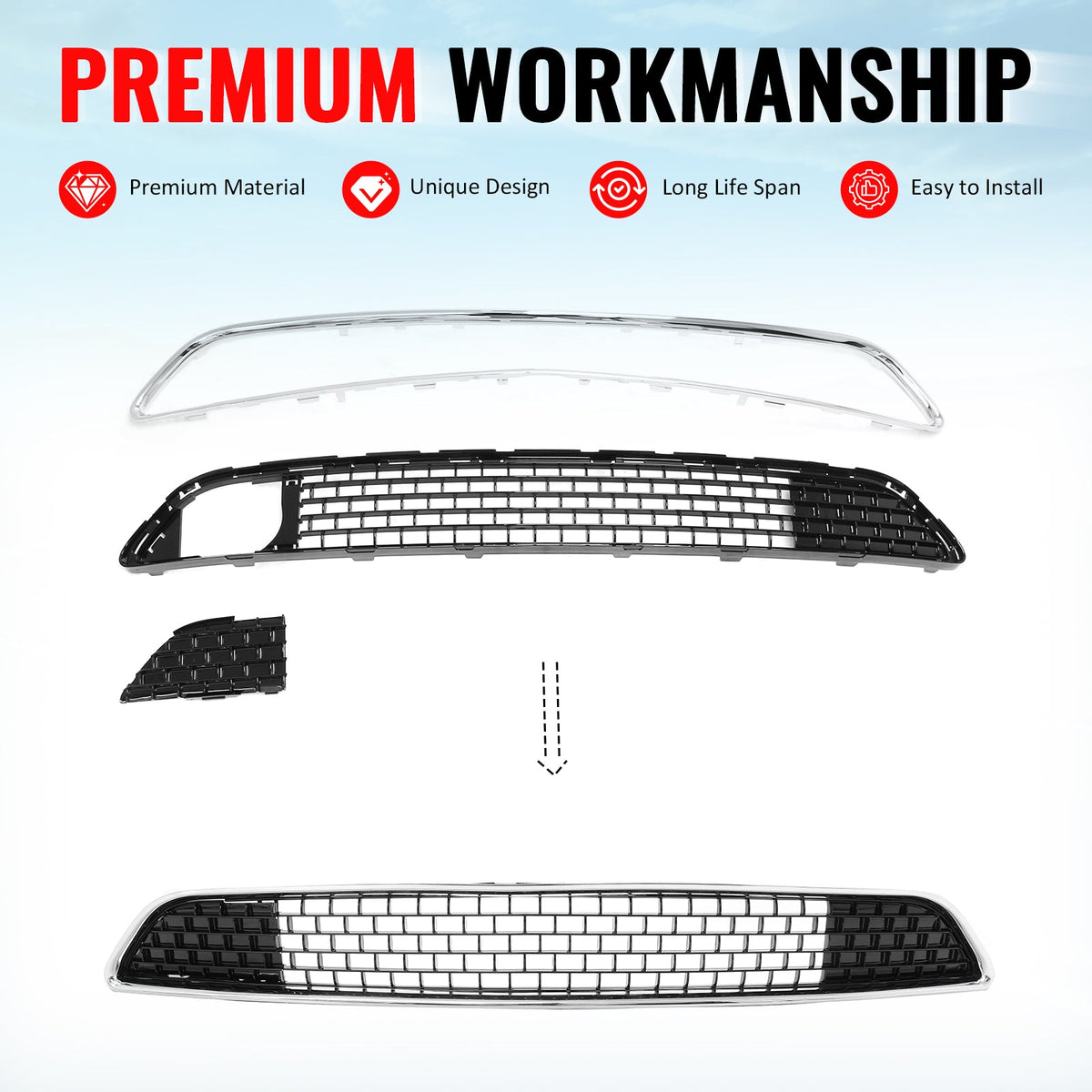 2011-2014 Chrysler 300 SRT8 Front Bumper Lower Grille SRT8 Style Chrome& Gloss Black ABS Mesh Grill Replacement